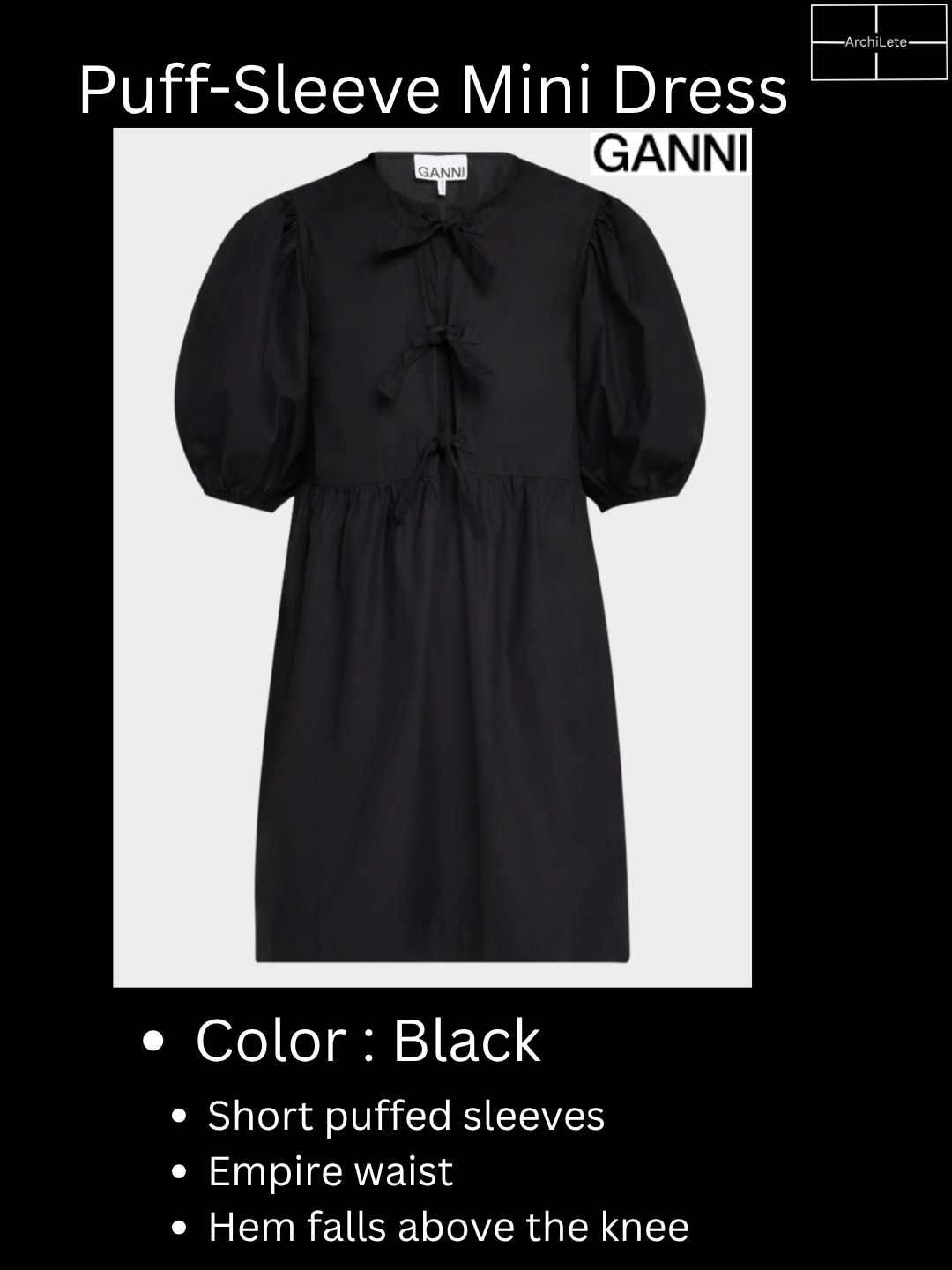 Ganni Tie-Front Puff-Sleeve Poplin Mini Dress