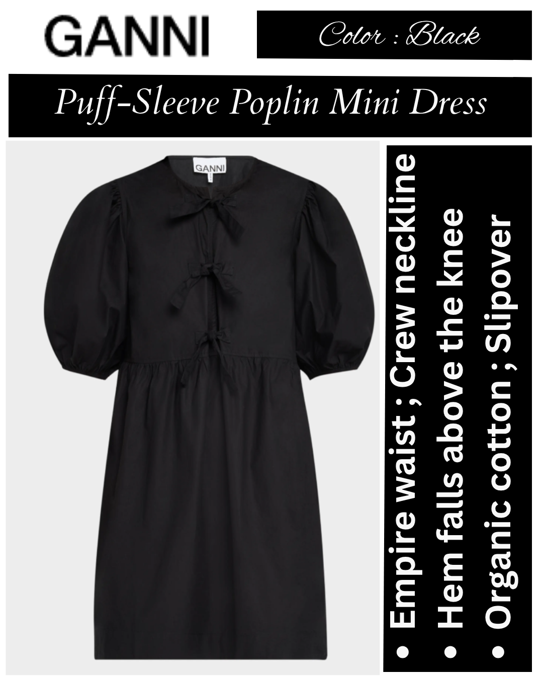 Ganni Tie-Front Puff-Sleeve Poplin Mini Dress
