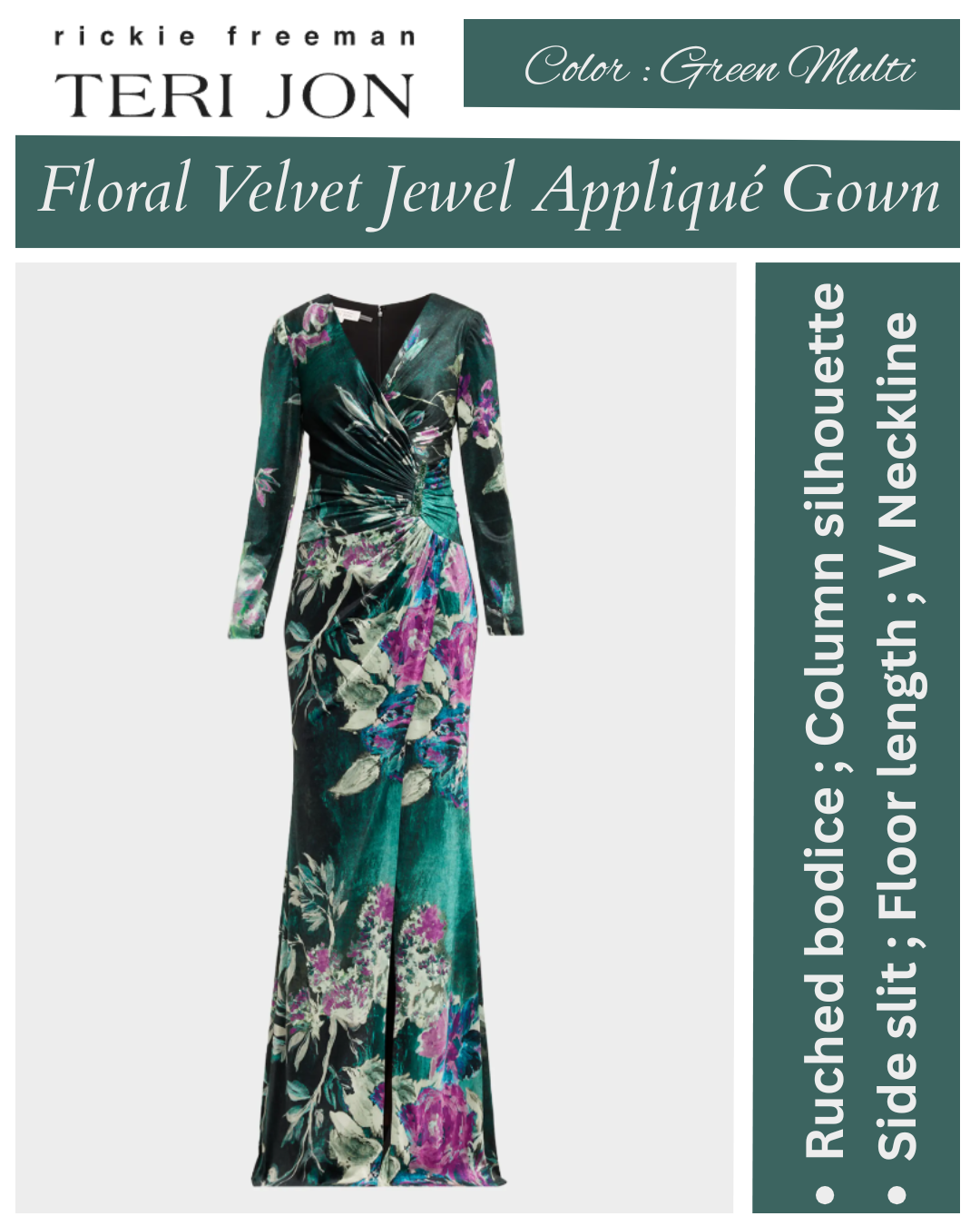 Rickie Freeman for Teri Jon Floral Velvet Jewel Appliqué Gown