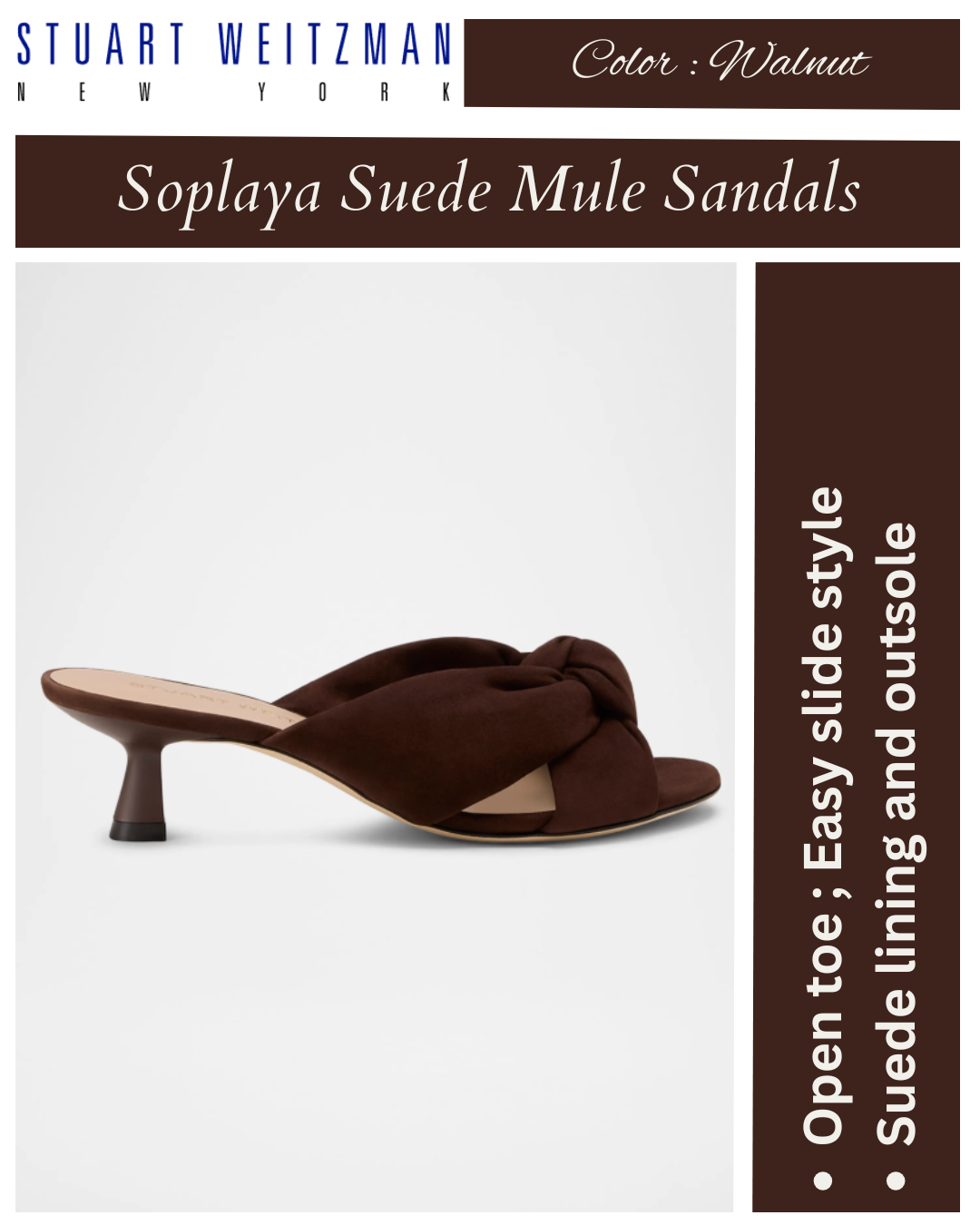 Stuart Weitzman 50mm Soplaya Suede Mule Sandals Walnut