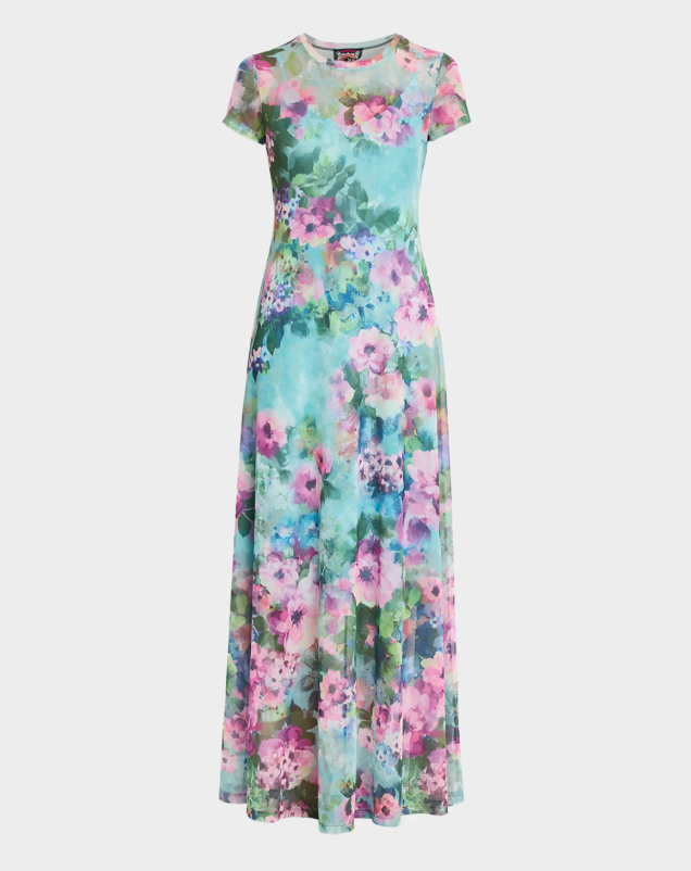 Johnny Was Short-Sleeve Floral Mesh Maxi Dress