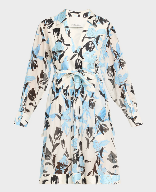 3.1 Phillip Lim Joyful Tulips Long-Sleeve Shirt Dress with Waist Tie