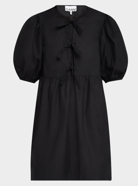 Ganni Tie-Front Puff-Sleeve Poplin Mini Dress