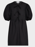 Ganni Tie-Front Puff-Sleeve Poplin Mini Dress