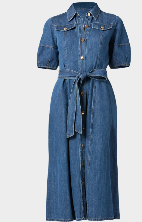 Shoshanna Mara Puff-Sleeve Denim Midi Shirtdress