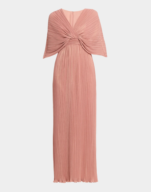 Aidan Mattox Pleated Metallic Chiffon Column Gown
