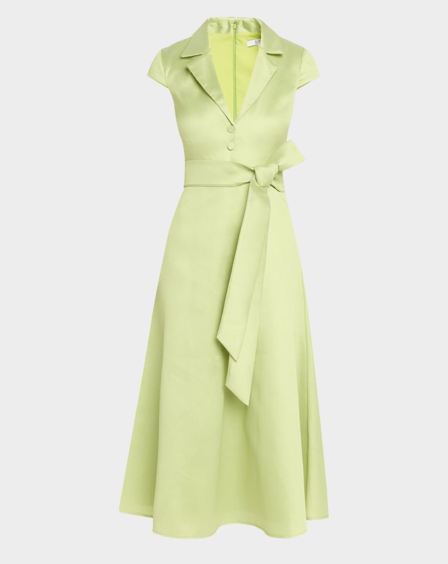 Badgley Mischka Belted Cap-Sleeve Pebble Gazar Midi Shirtdress