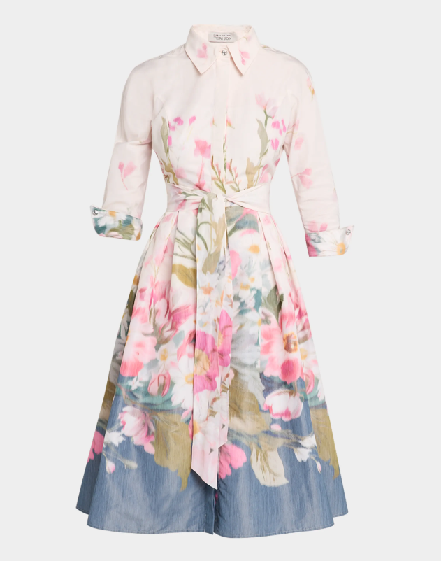 Rickie Freeman for Teri Jon Floral-Print Taffeta Midi Shirtdress