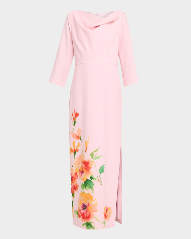 Kay Unger New York Magnolia Floral-Print Stretch Crepe Column Gown