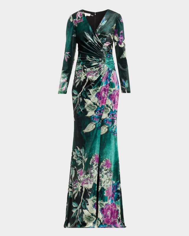 Rickie Freeman for Teri Jon Floral Velvet Jewel Appliqué Gown