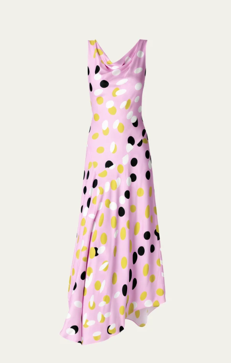 Diane von Furstenberg Cosette Asymmetric Polka Dot Satin Maxi Dress